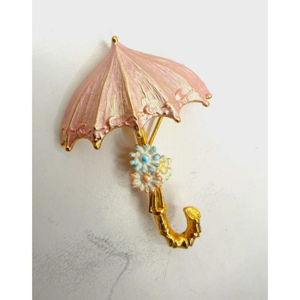 Vintage BJC Pink Enamel Umbrella‎ Brooch Gold Tone Parasol Pin 1.75"